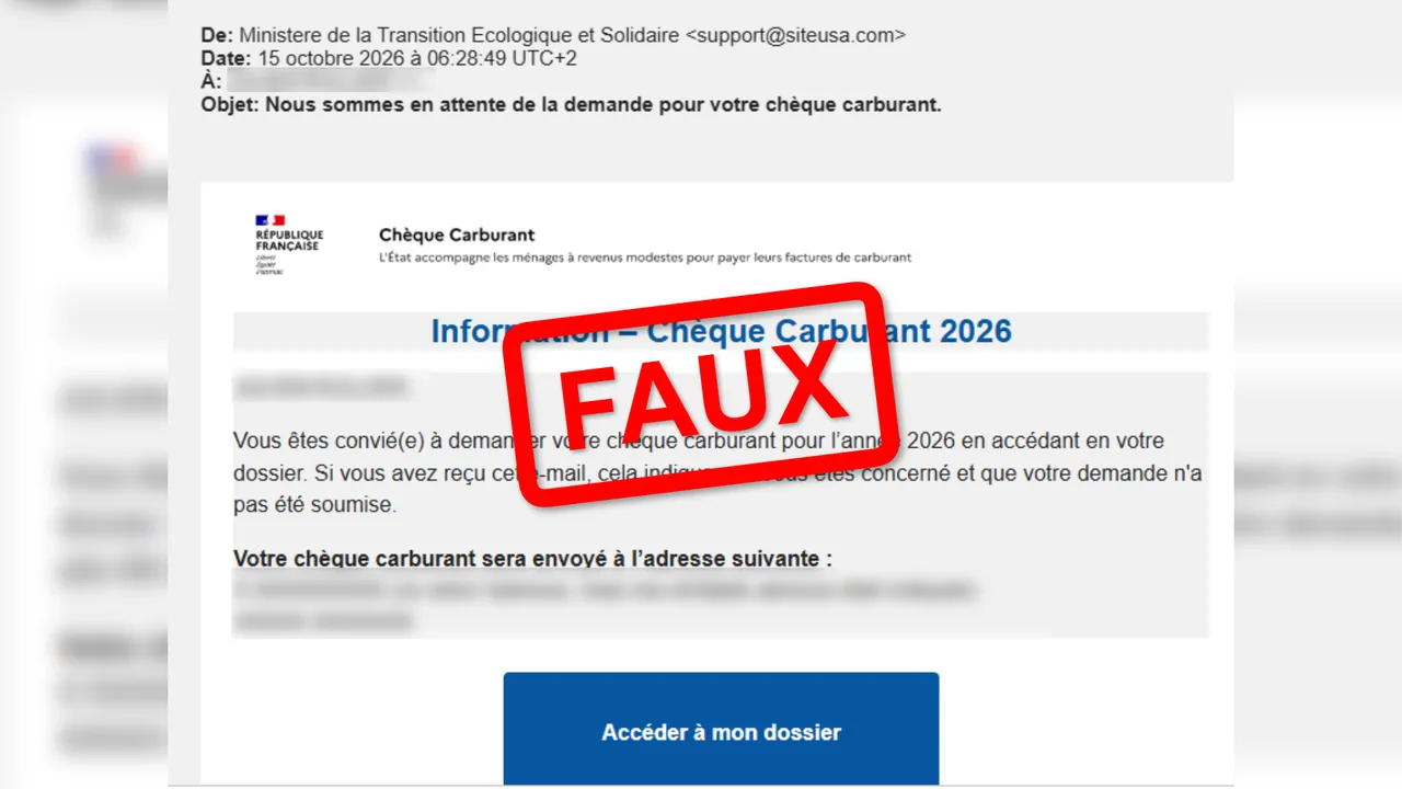 Exemple de courriel frauduleux sur le chèque carburant, portant le marquage rouge FAUX.
